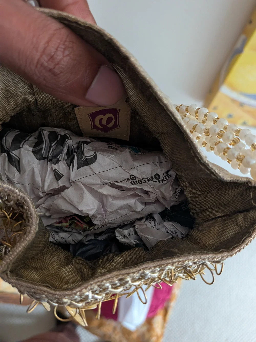 Gold Sequin Drawstring Evening Wristlet with Pearl Handle